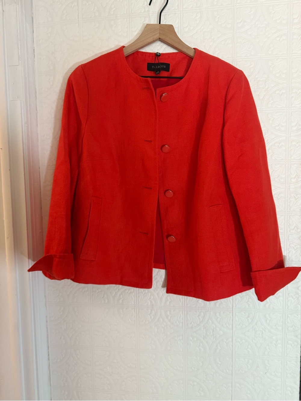 Talbots Women's Orange Button Front Lined Jacket Pockets Long Sleeve Short 10